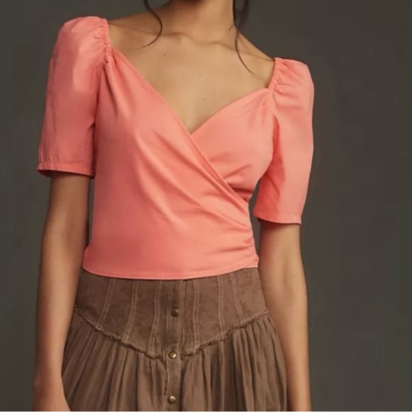 Anthropologie puff sleeve pink wrap top size small